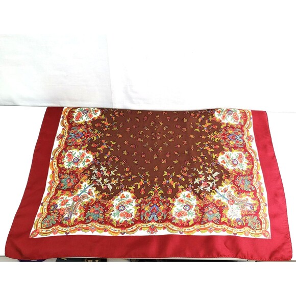 Liberty of London 100% Silk Twill Red Brown Floral Foulard Border Scarf 23"X23" - Picture 7 of 16